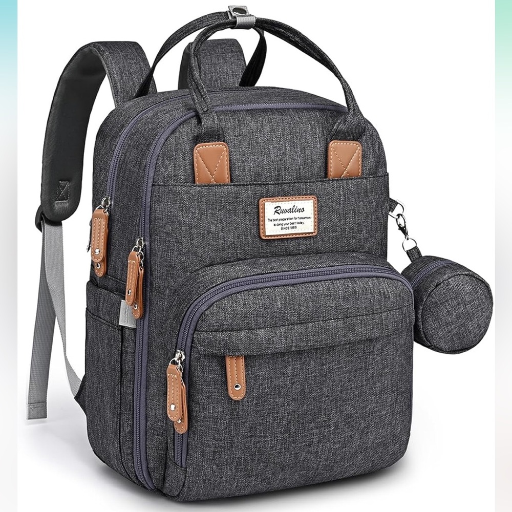 RUVALINO Diaper Bag Backpack in Dark Gray with Changing Pad + Bottle Holders EUC